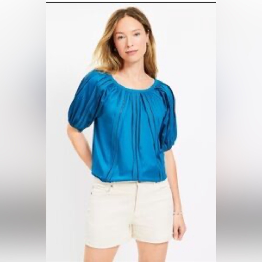 LOFT Teal Short-Sleeve Gathered Peasant Blouse